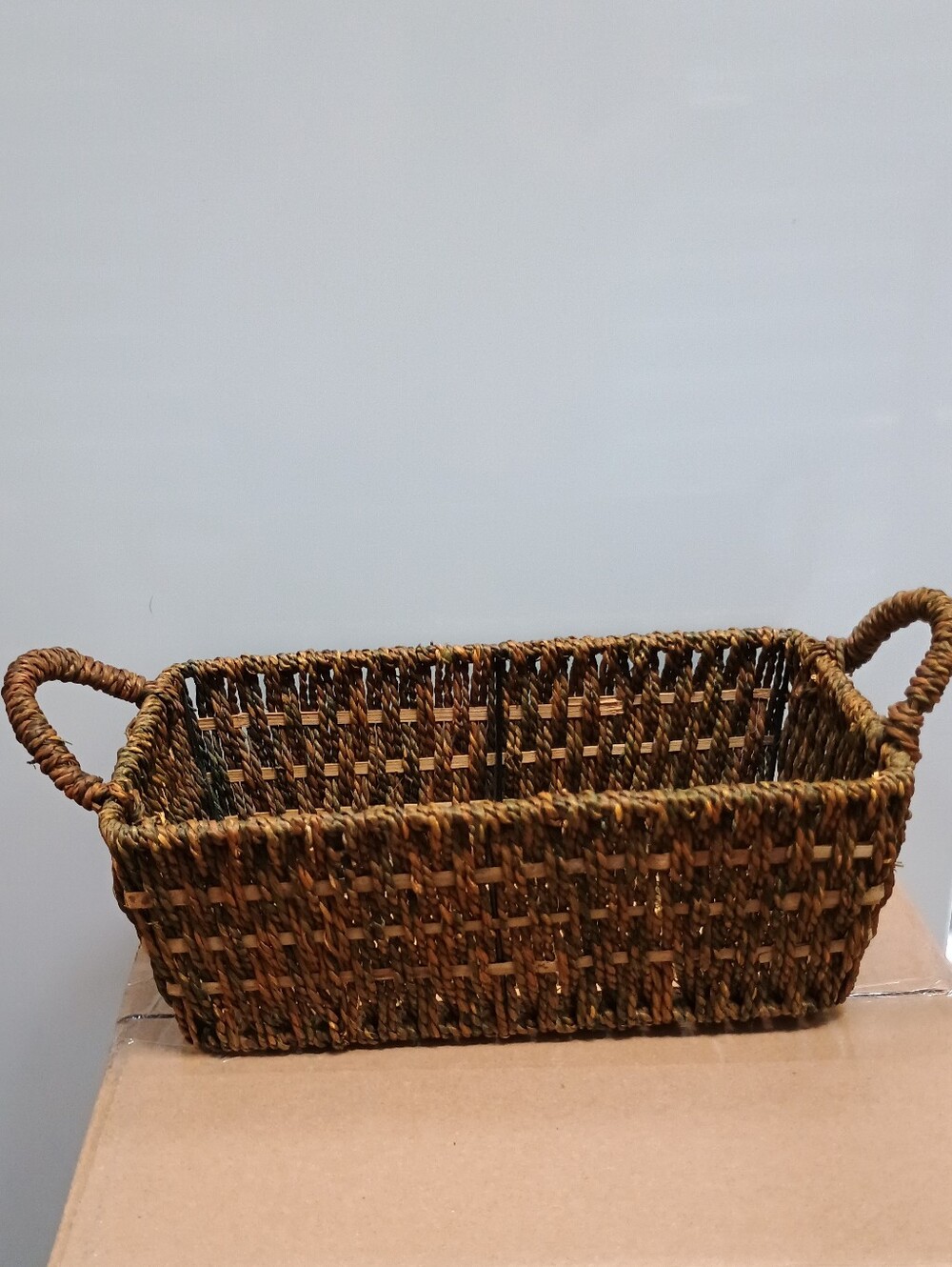 VINTAGE Coastal Woven Rectangular Storage Basket wth Handles Brown Checkerboard